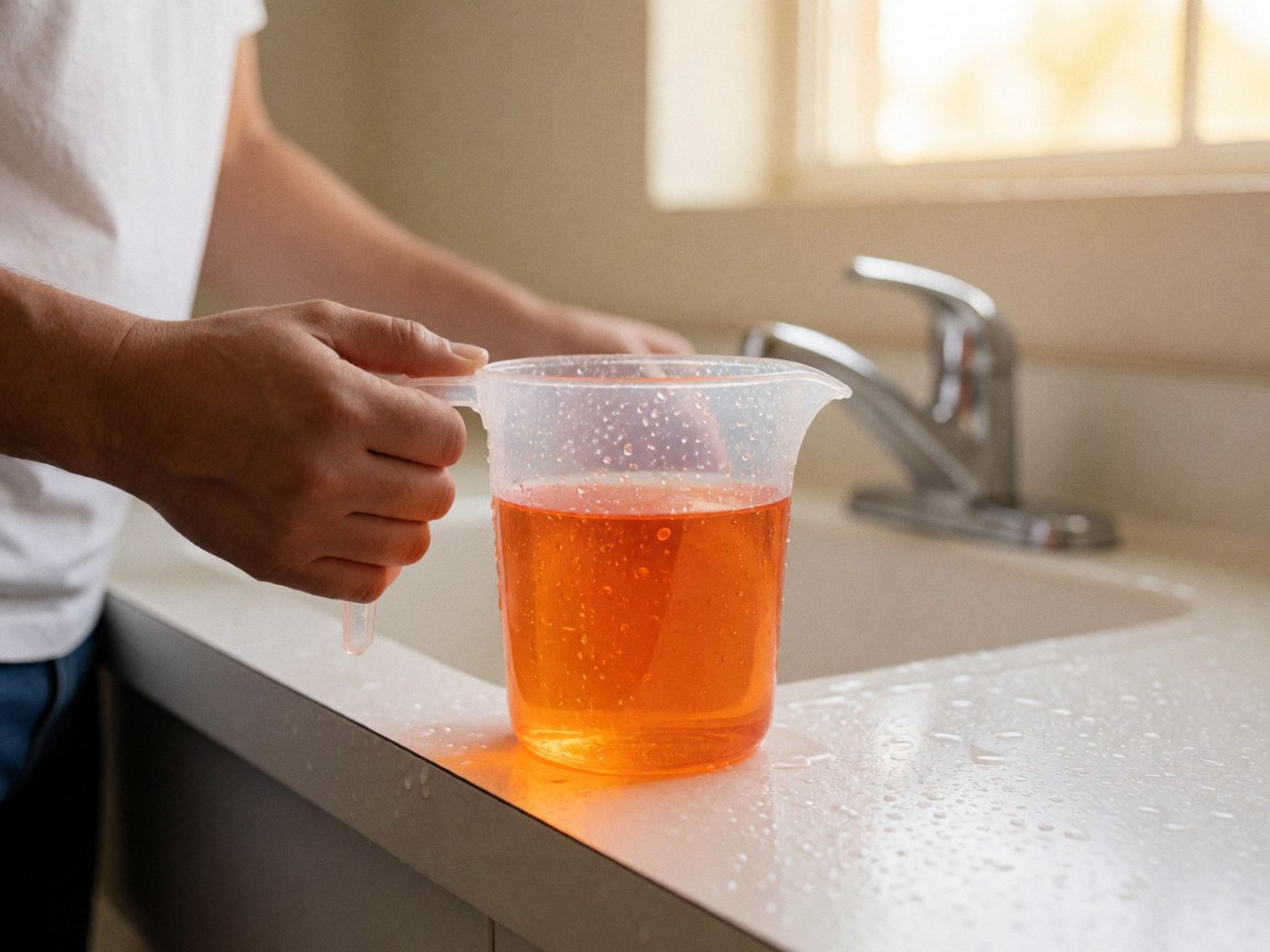 Une main tient un gobelet doseur transparent rempli d'un liquide orange vif, posé sur le bord d'un évier blanc. Des gouttes d'eau coulent sur le récipient et le comptoir. Un robinet chromé et la lumière naturelle d'une