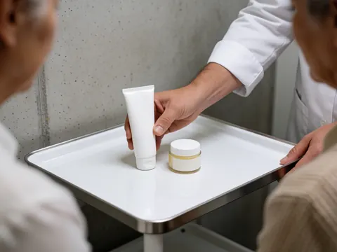 Une main pose un tube de crème et un pot de baume sur une bande blanche, fond en béton lisse, éclairage clinique.