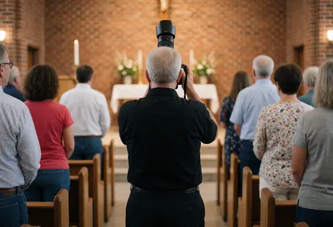 Photographe professionnel capture une cérémonie de mariage dans une église aux murs de briques, utilisant un téléobjectif, avec des personnes vues de dos, mettant l'accent sur l'équipement et l'action.