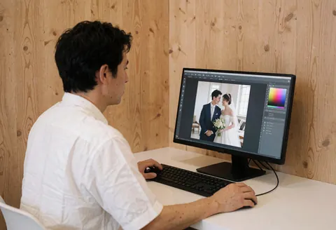 Un photographe de mariage travaille sur son ordinateur, retouchant l'image d'un couple sur un écran calibré dans un bureau aux murs clairs.