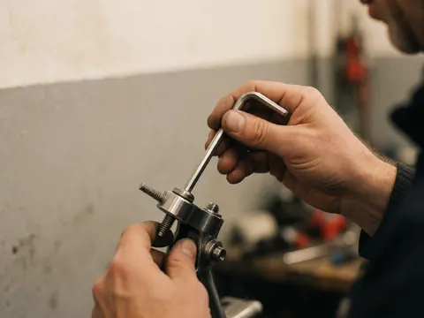 Main ajustant une clavette de vélo avec une clé hexagonale dans un atelier. Outils métalliques brillants, fond flou, éclairage chaud et murs gris.