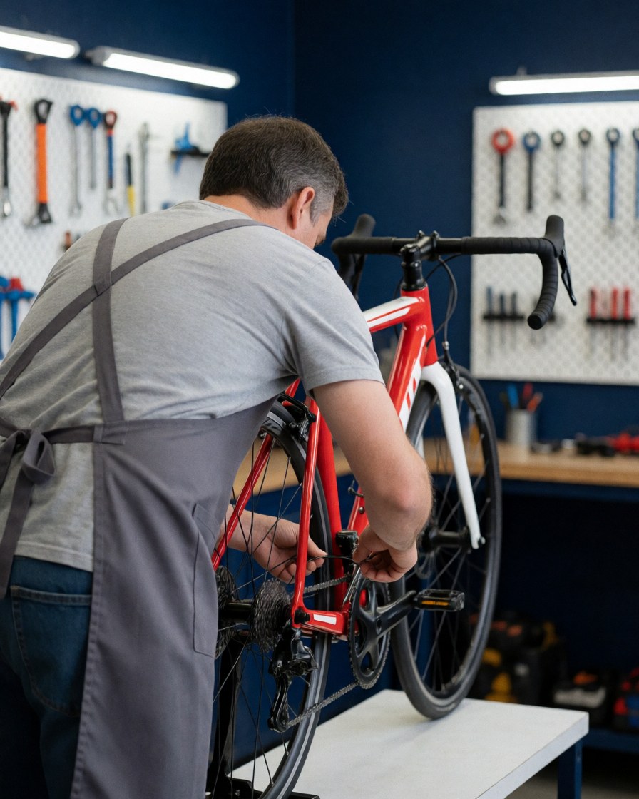 Mécanicien en tablier gris ajuste la transmission d'un vélo rouge et blanc dans un atelier aux murs bleus avec des outils au mur.