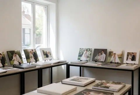 Vitrine contenant des albums et photos de mariages dans une pièce aux murs blancs éclairée par la lumière naturelle d'une fenêtre.