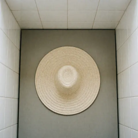 Chapeau vueltiao en paille au design circulaire posé sur une surface grise avec des murs de carreaux blancs, vue de dessus et éclairage diffus.
