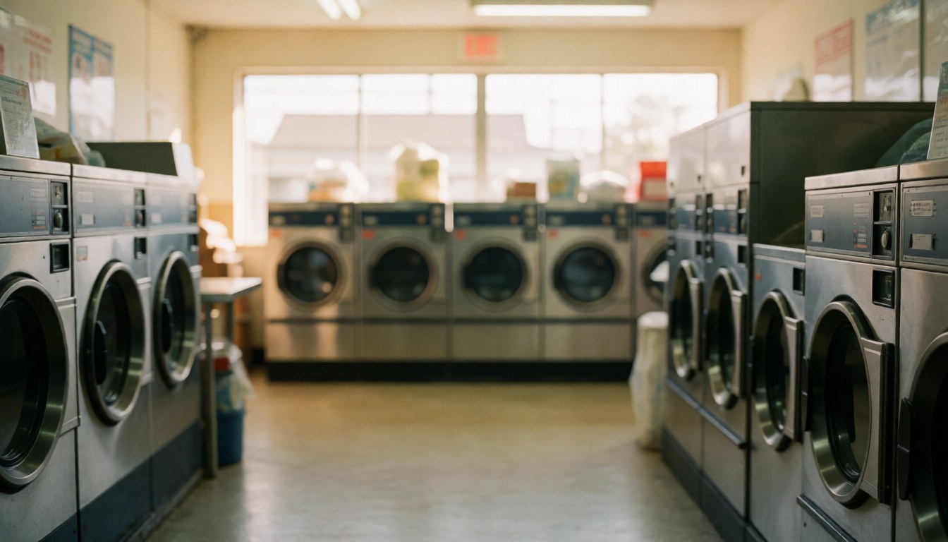 Intérieur d'une laverie avec des machines industrielles de lavage et de séchage, sol propre, lumière naturelle par les fenêtres, espace pour texte.