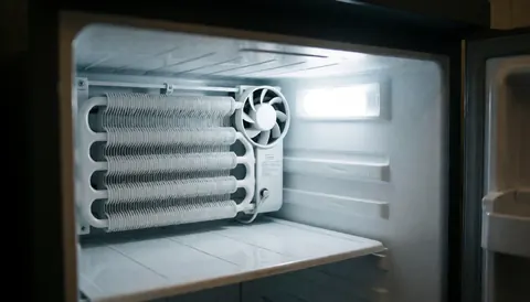 Intérieur d'un réfrigérateur montrant un évaporateur blanc et son ventilateur, éclairé par une lumière artificielle froide, servant de fond pour des textes sur la réparation.