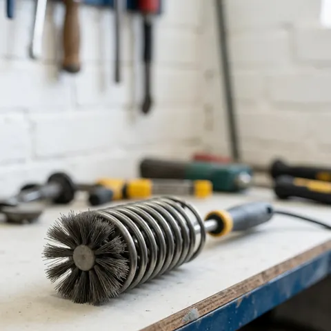 Brosse métallique avec des poils sur une table de travail, avec un arrière-plan flou d'outils et un mur de briques blanches.