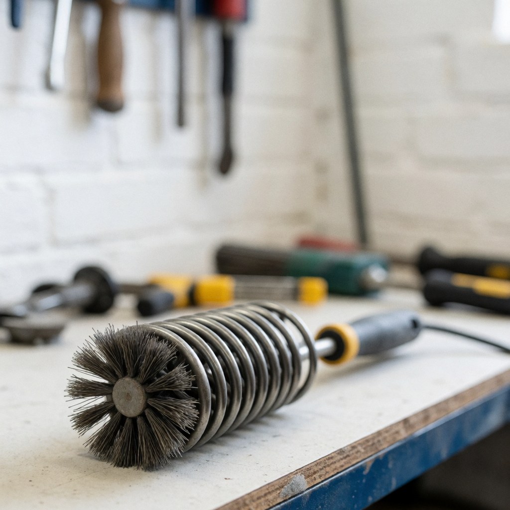 Brosse métallique avec des poils sur une table de travail, avec un arrière-plan flou d'outils et un mur de briques blanches.