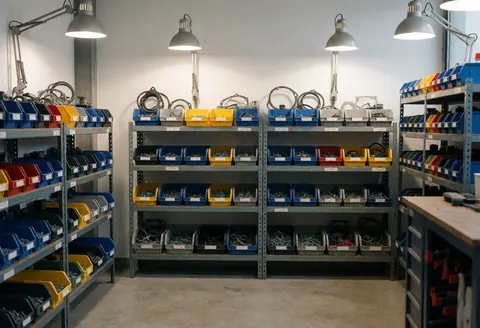 Espaces de stockage avec étagères métalliques, boîtes en plastique colorées et outils bien rangés sous un éclairage industriel sur un sol en béton poli.