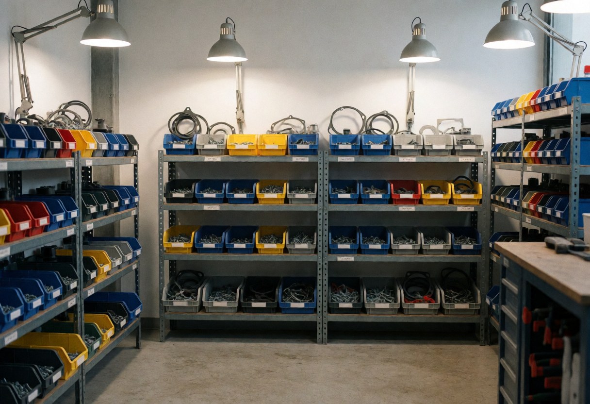 Espaces de stockage avec étagères métalliques, boîtes en plastique colorées et outils bien rangés sous un éclairage industriel sur un sol en béton poli.
