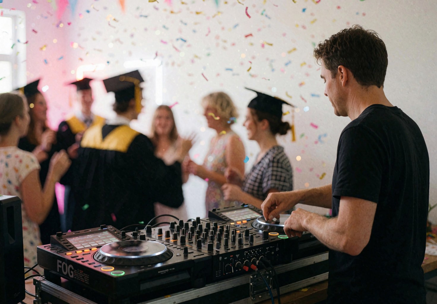 Un DJ professionnel mixe de la musique pendant une fête de fin d'études avec des gens qui dansent en arrière-plan, du confetti et des lumières vives.