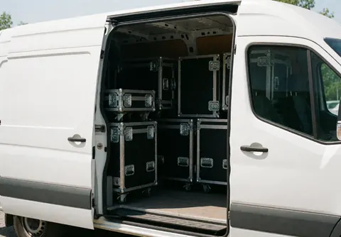 Fourgonnette blanche avec porte ouverte contenant des caisses noires d'équipement audio empilées, prête au transport pour des événements professionnels.