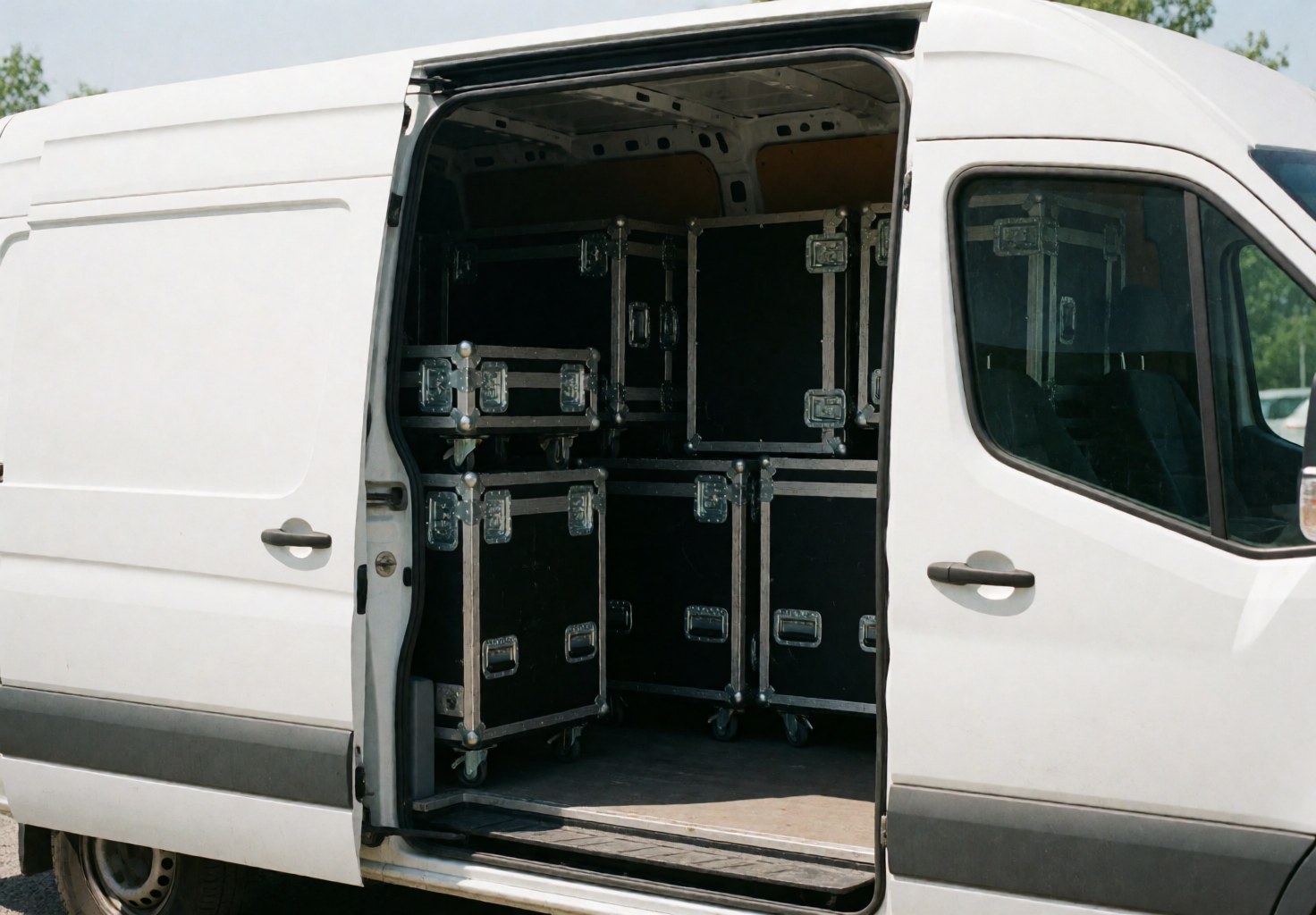 Fourgonnette blanche avec porte ouverte contenant des caisses noires d'équipement audio empilées, prête au transport pour des événements professionnels.