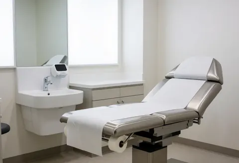 Salle clinique vide équipée d'une table de traitement, d'un lavabo à capteur, d'un miroir et éclairée par la lumière naturelle.