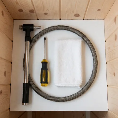 Vue de dessus d'outils pour la réparation de réfrigérateurs : serpentin, tournevis et chiffon blanc sur une surface blanche avec des panneaux en bois.