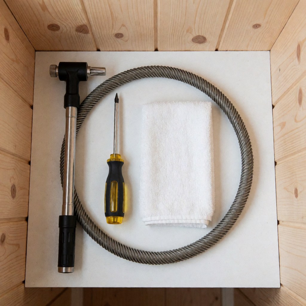 Vue de dessus d'outils pour la réparation de réfrigérateurs : serpentin, tournevis et chiffon blanc sur une surface blanche avec des panneaux en bois.