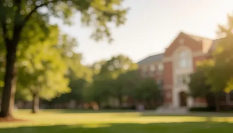 Arrière-plan flou d'un campus universitaire montrant un bâtiment en briques et des arbres verts sous une lumière chaude, idéal pour superposer du texte.