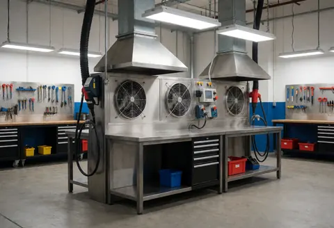 Espace de travail industriel équipé de plans en acier, de hottes d'extraction, d'outils suspendus, d'un éclairage LED et d'un sol en béton.
