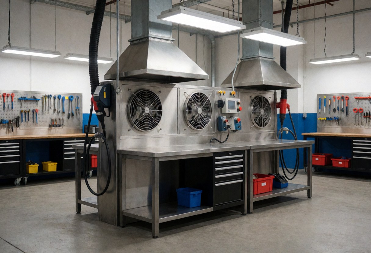 Espace de travail industriel équipé de plans en acier, de hottes d'extraction, d'outils suspendus, d'un éclairage LED et d'un sol en béton.