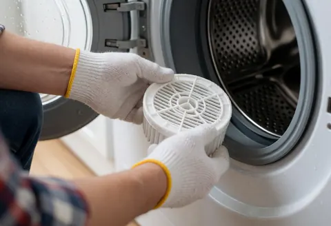 Technicien portant des gants blancs retire un filtre de drainage blanc d'une machine à laver avec des gouttes d'eau visibles sur un fond flou
