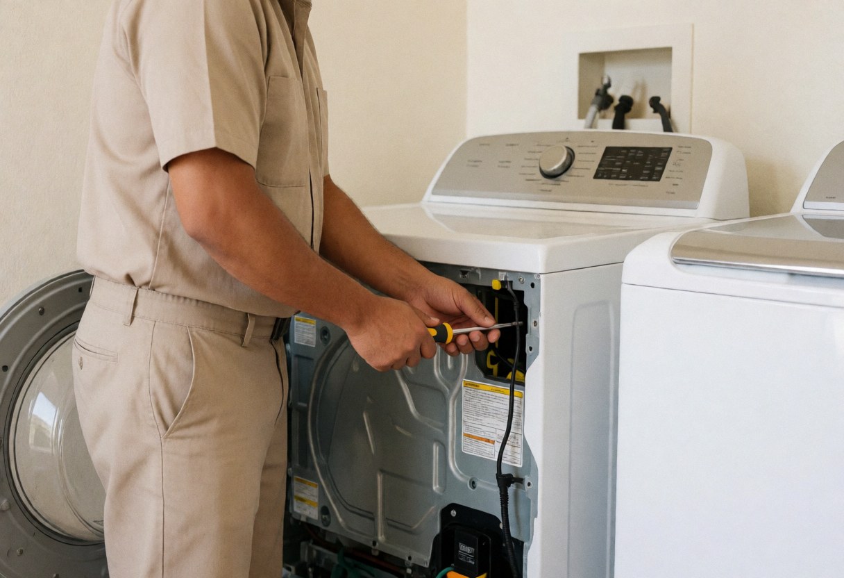 Un technicien en uniforme répare une machine à laver ouverte à l'aide d'un tournevis dans un intérieur clair et réaliste.