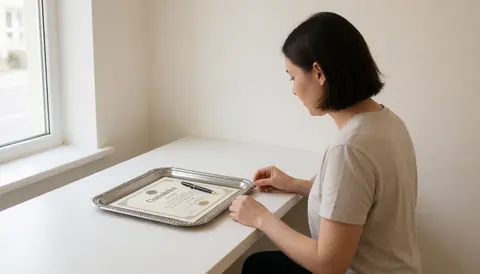 Une jeune femme tient fièrement un diplôme posé sur un plateau en argent, devant une fenêtre avec un fond flou et un espace pour le texte.