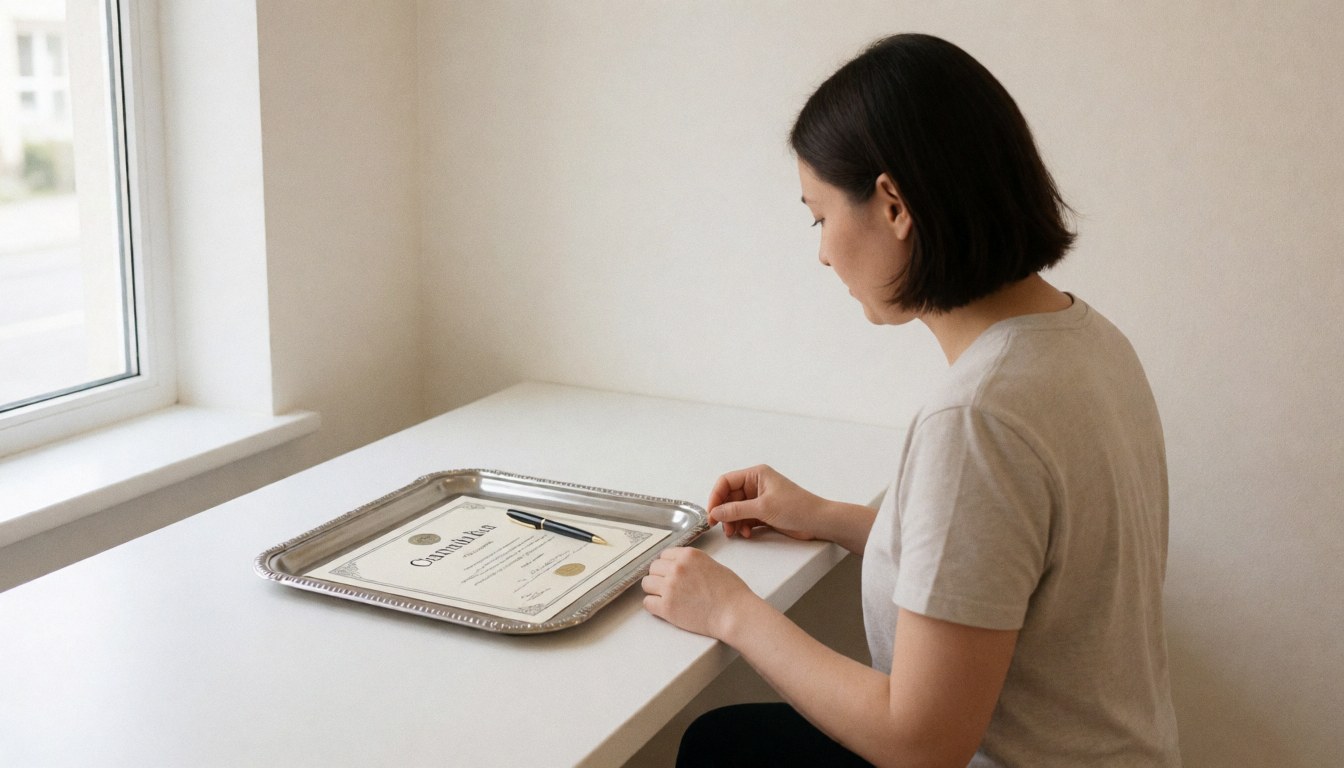 Une jeune femme tient fièrement un diplôme posé sur un plateau en argent, devant une fenêtre avec un fond flou et un espace pour le texte.