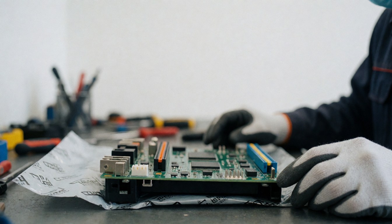 Technicien portant des gants de protection répare la carte de commande d'un lave-linge sur une table de travail dans un atelier avec des outils en arrière-plan flou.