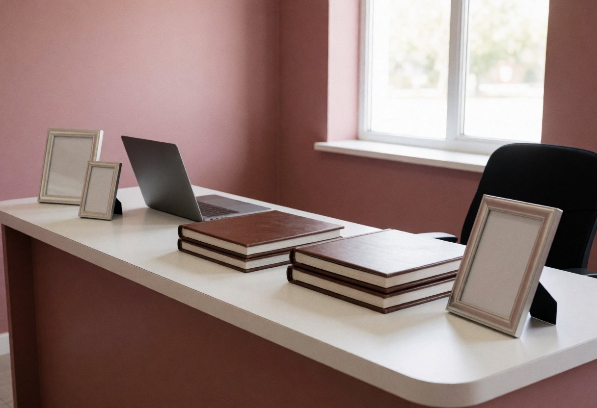 Un bureau blanc présentant des albums de fin d'études, des cadres photo et un ordinateur, sur fond rose clair avec lumière naturelle.