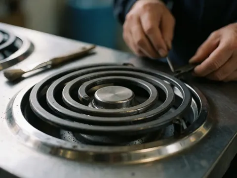 Technicien utilisant des outils sur une surface métallique brillante pour réparer une cuisinière électrique tachée de graisse et de saleté.