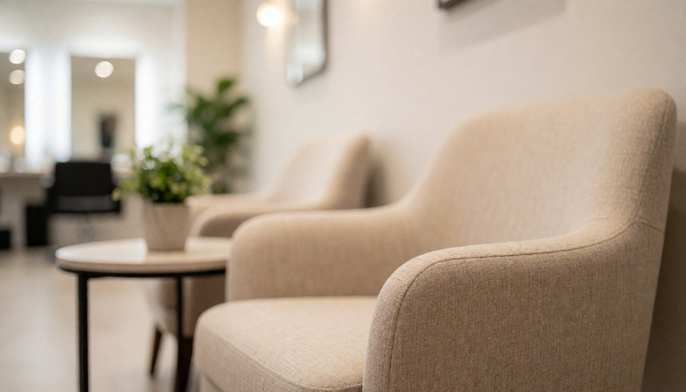 Un fauteuil beige texturé dans un salon d'attente, accompagné d'une table ronde et d'une plante verte, sur un fond flou avec une lumière chaude et des miroirs.