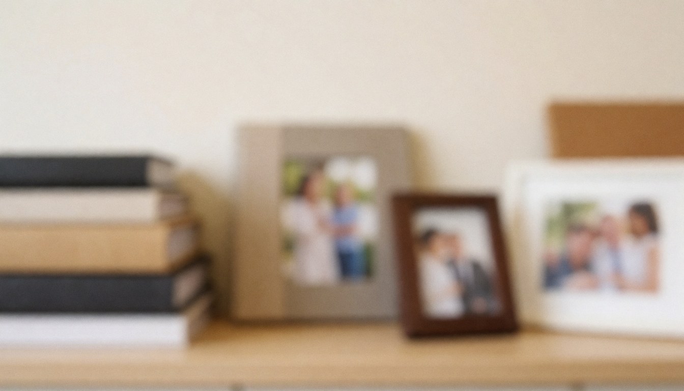 Arrière-plan doux et flou montrant des albums et des cadres photo disposés sur une étagère, idéal pour ajouter du texte concernant les services de photographie de graduation.