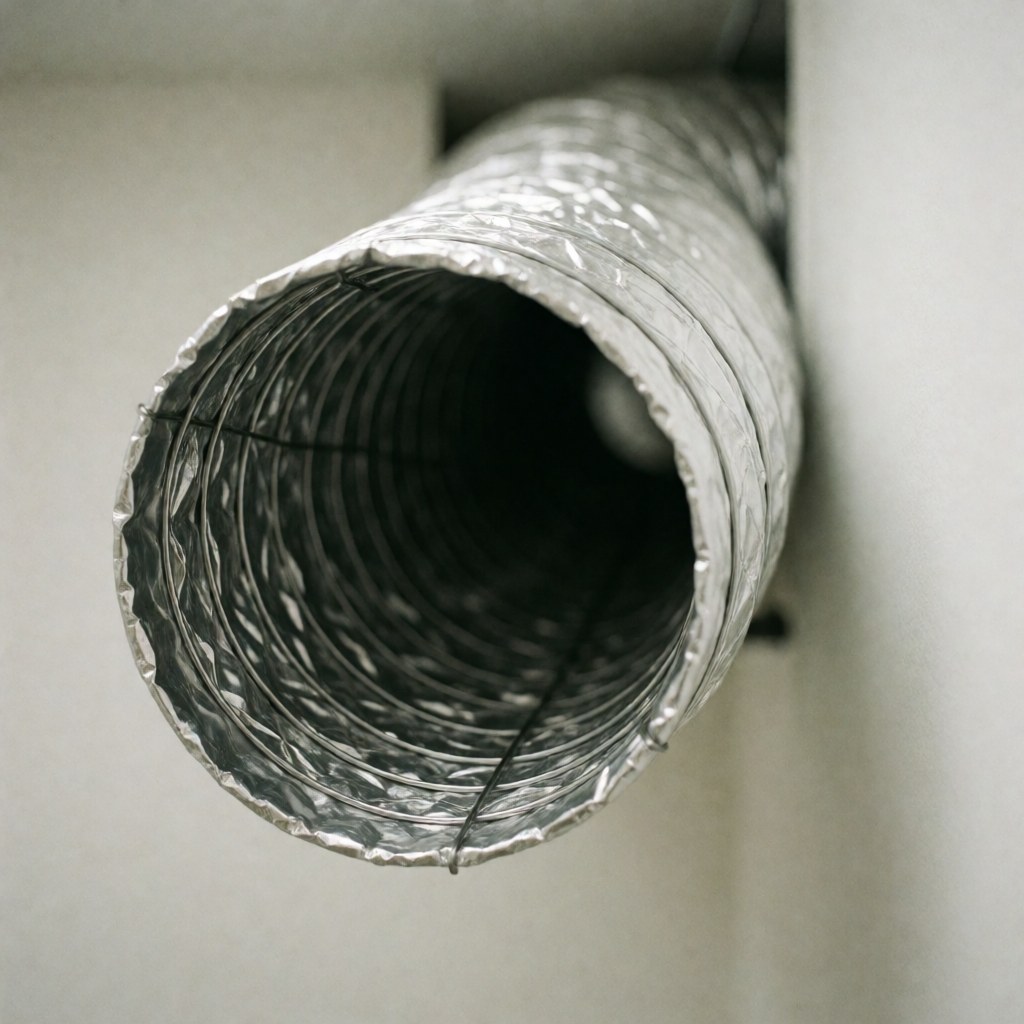 Conduit flexible HVAC avec armature en fil visible, isolé et fixé sur un mur blanc pour la réparation du chauffage.