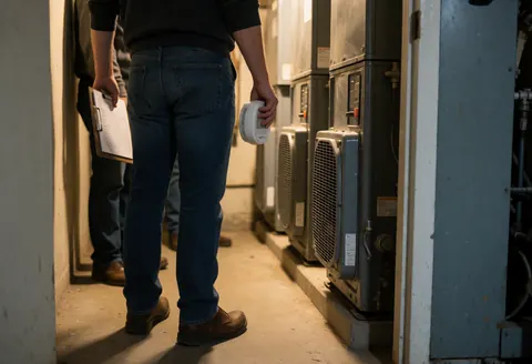 Un technicien en réparation de chauffage inspecte des appareils dans une pièce de service, tenant un détecteur de CO et un classeur sous un éclairage chaud projetant des ombres sur le sol en béton.