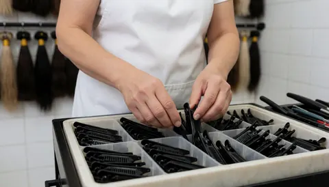 Un coiffeur en tablier blanc organise des clips noirs sur un plateau compartimenté dans un salon, avec des mèches de cheveux en arrière-plan.