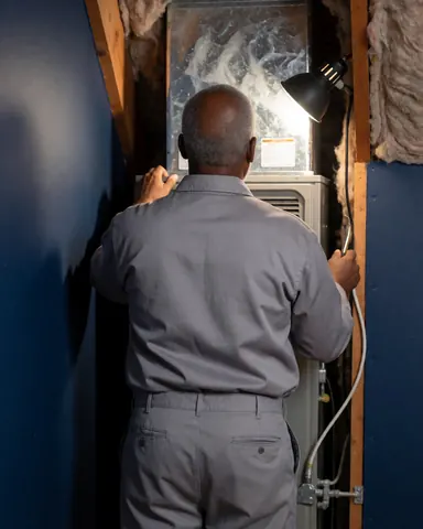 Technicien en chauffage examine une unité de climatisation sur le toit, équipé d'une lampe de travail et d'un isolant en laine de verre.