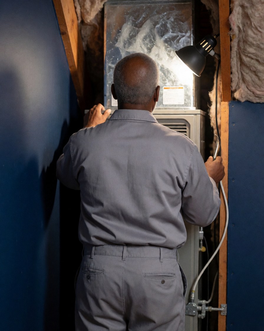 Technicien en chauffage examine une unité de climatisation sur le toit, équipé d'une lampe de travail et d'un isolant en laine de verre.