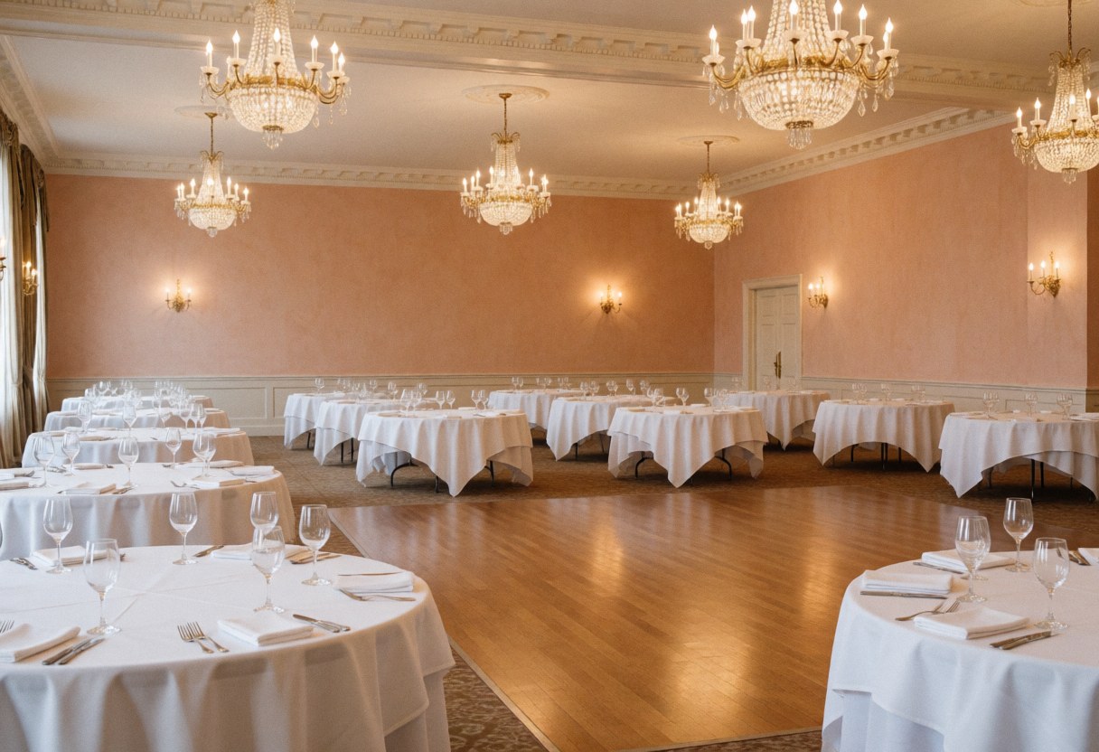 Grande salle élégante aux tables rondes drapées de blanc, ornée de candélabres en cristal sur un sol en bois poli, prête pour une célébration.