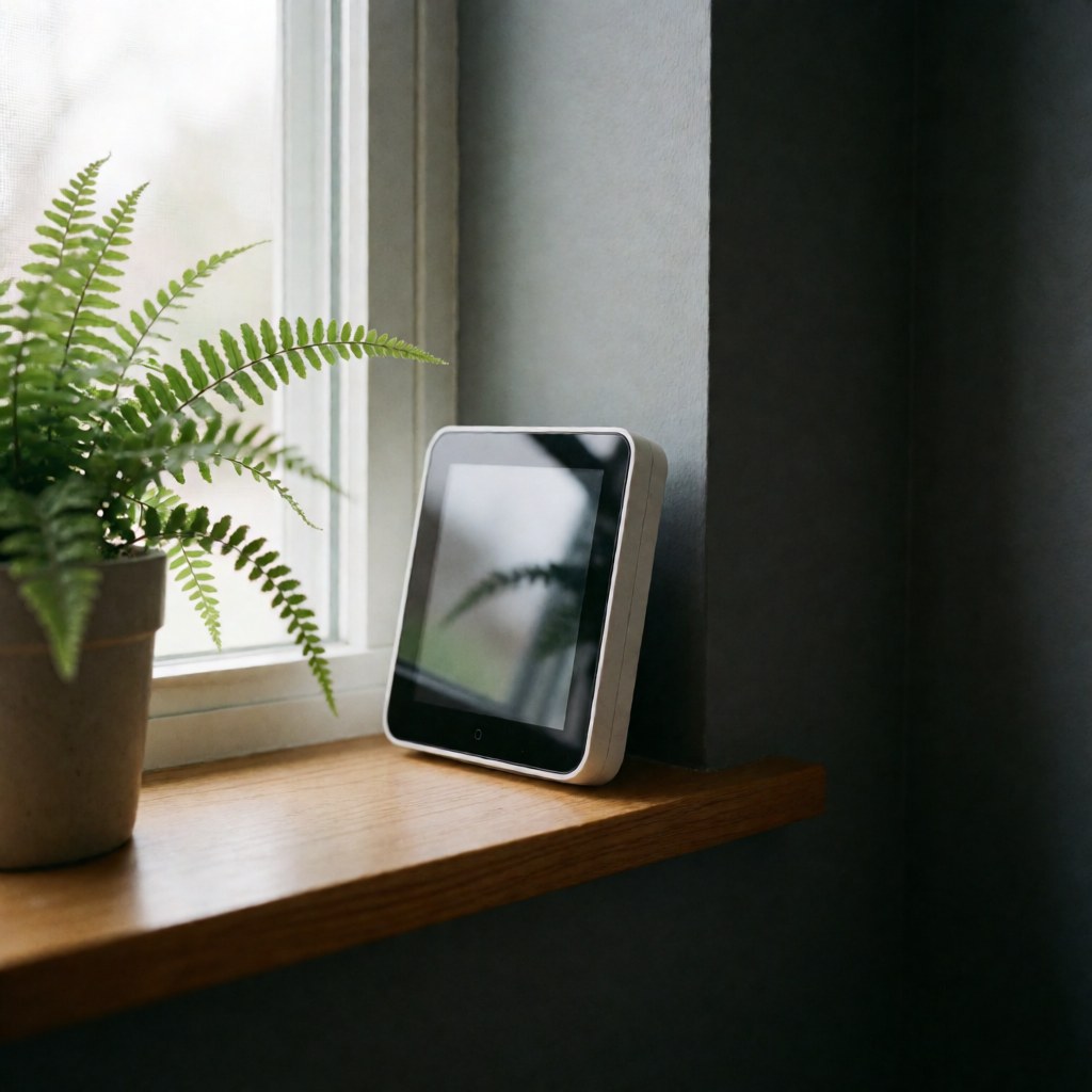 Thermostat intelligent noir avec écran éteint posé sur une étagère en bois près d'une plante en pot devant une fenêtre aux murs gris.