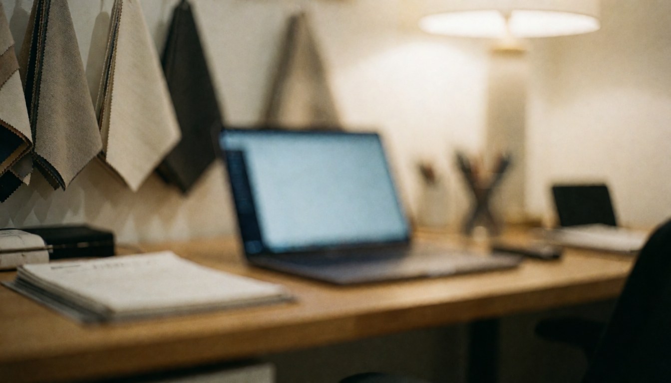 Un bureau en bois présentant des échantillons de tissus suspendus, un ordinateur portable et un carnet, baignés d'une lumière chaude sur un fond flou idéal pour ajouter du texte.
