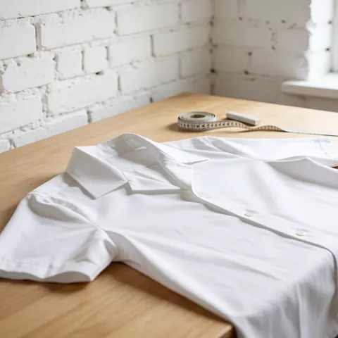 Chemise blanche repassée posée sur une table en bois avec un mètre ruban, fond de mur blanc et éclairage naturel pour services de couture.