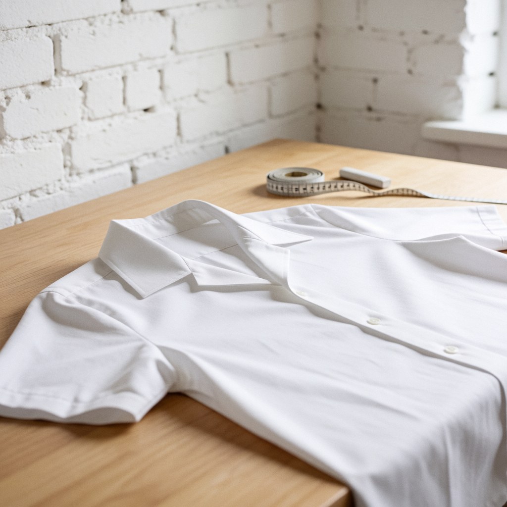 Chemise blanche repassée posée sur une table en bois avec un mètre ruban, fond de mur blanc et éclairage naturel pour services de couture.