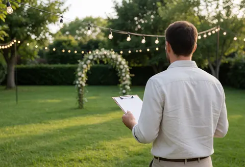 Un coordinateur de fêtes marche dans un jardin en tenant un tableau, avec une arche florale et des lumières suspendues en arrière-plan, créant une ambiance sereine au coucher du soleil.