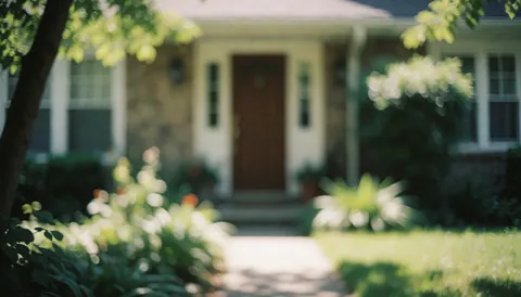Arrière-plan d'une maison avec porte d'entrée, chemin pavé et jardin verdoyant, le tout doucement flou, idéal pour les textes de services.