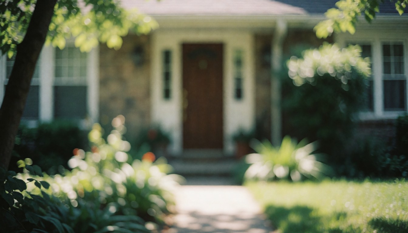 Arrière-plan d'une maison avec porte d'entrée, chemin pavé et jardin verdoyant, le tout doucement flou, idéal pour les textes de services.