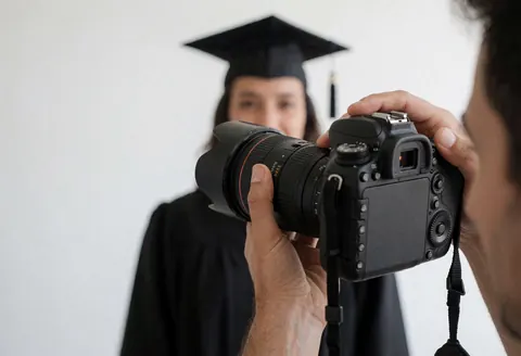 Un photographe professionnel règle l'anneau de mise au point d'un boîtier reflex pour capturer un diplômé en tenue académique, illustrant le service en action.