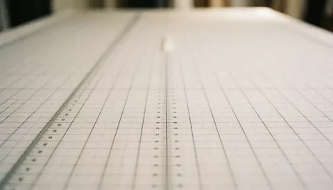 Table de coupe pour la couture avec des règles métalliques, fond doux et lumière chaude, idéale pour les textes de services de confection.