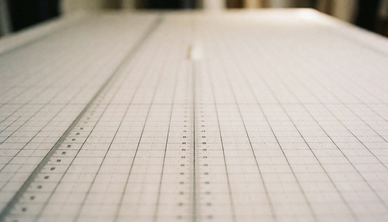 Table de coupe pour la couture avec des règles métalliques, fond doux et lumière chaude, idéale pour les textes de services de confection.