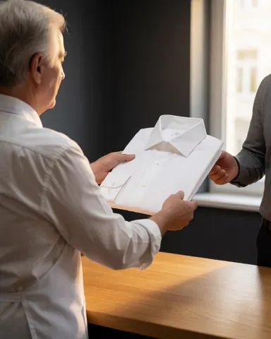 Remise d'une chemise blanche formelle par un professionnel à un client dans une boutique de réparation avec lumière naturelle sur fond gris foncé.