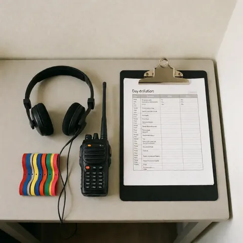 Kit de coordination d'événements comprenant un casque, un talkie-walkie, un calendrier et des bracelets colorés disposés sur une table blanche.